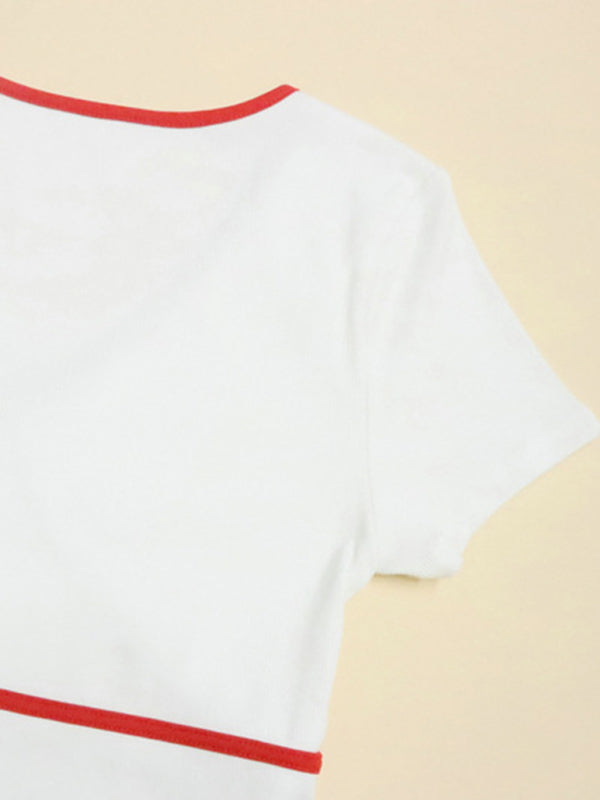 Neues, einfarbiges, tiefes V-Kontrastfarben-Slim-Fit-Strick-T-Shirt für Damen aus reiner Baumwolle 