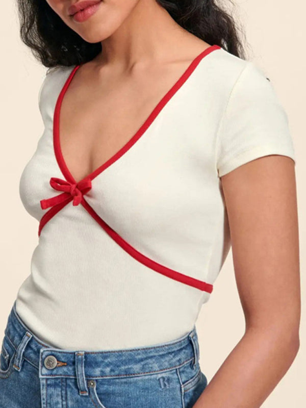 Neues, einfarbiges, tiefes V-Kontrastfarben-Slim-Fit-Strick-T-Shirt für Damen aus reiner Baumwolle 