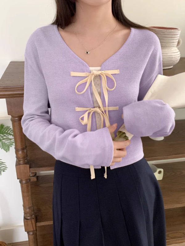 Cardigan tricoté avec nœud papillon pour femmes, haut à la mode, nouvelle collection 