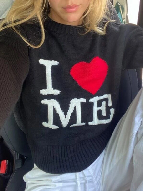 Damen Pullover mit Rundhalsausschnitt und Liebesbrief-Stickerei 