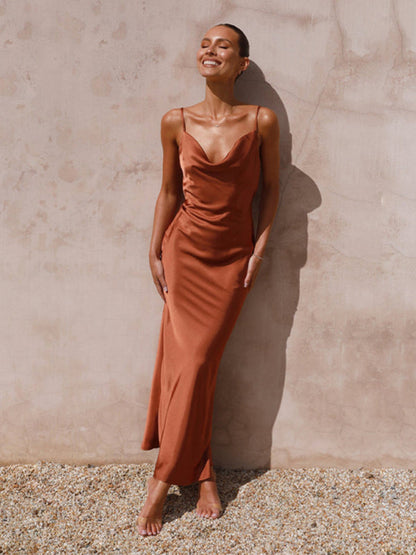 Robe slim à bretelles et col en v profond pour femmes, à la mode 