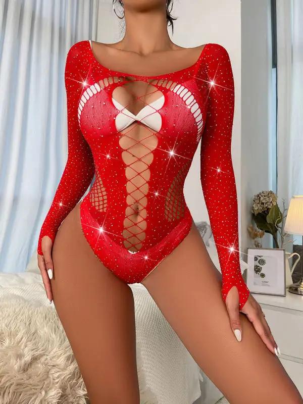 Front view of red diamond fishnet bodysuit