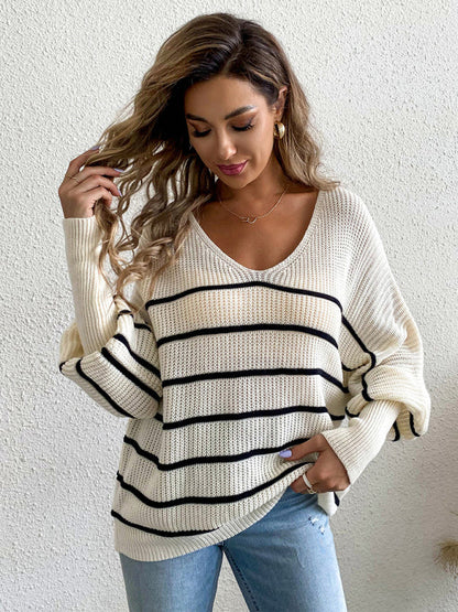 Lässiger, lockerer, gestreifter V-Ausschnitt-Langarmpullover für Damen 