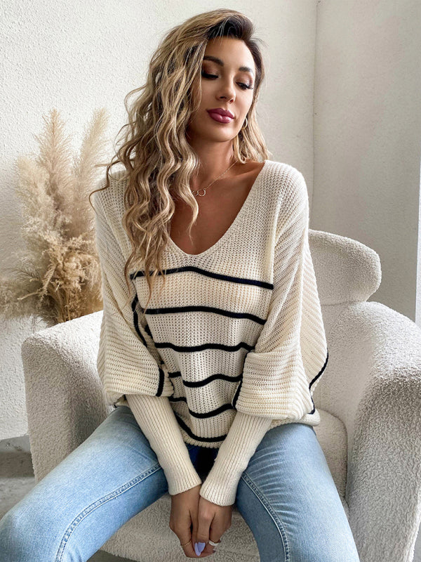 Lässiger, lockerer, gestreifter V-Ausschnitt-Langarmpullover für Damen 