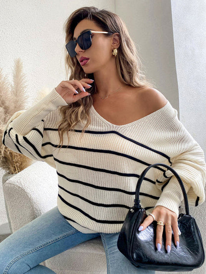 Lässiger, lockerer, gestreifter V-Ausschnitt-Langarmpullover für Damen 