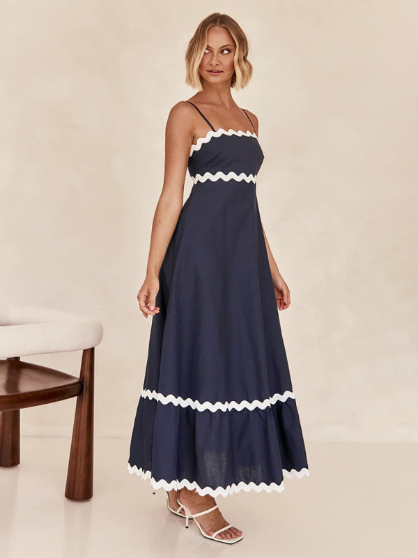 Robe longue à bretelles imprimées pour femmes, couleur contrastée 