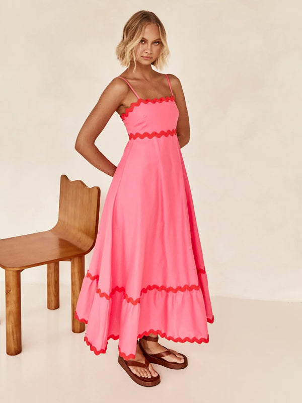 Robe longue à bretelles imprimées pour femmes, couleur contrastée 