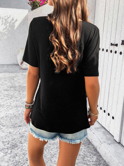 Casual solid color zipper button short-sleeved top