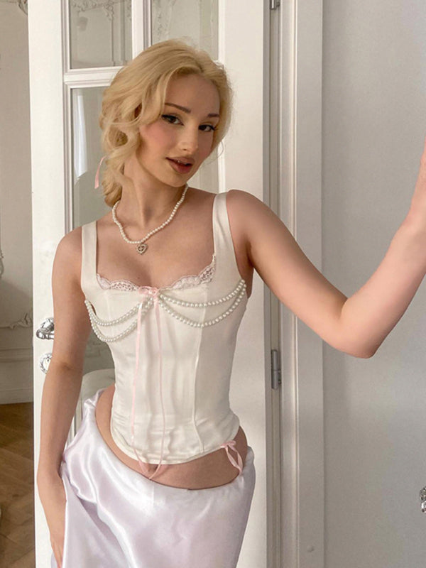 Gilet à bretelles en dentelle avec perles françaises pour femmes, nouveau style, sangle d&