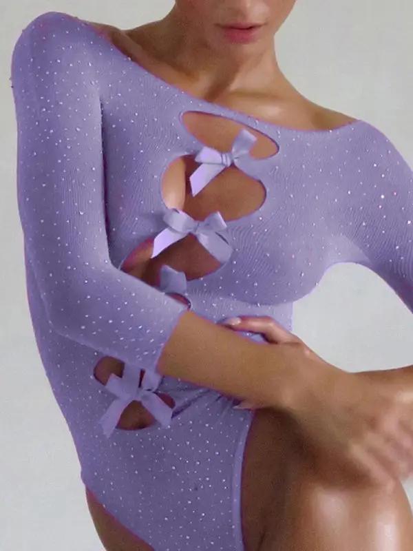 Purple see-through bow hollow diamond jumpsuit front view