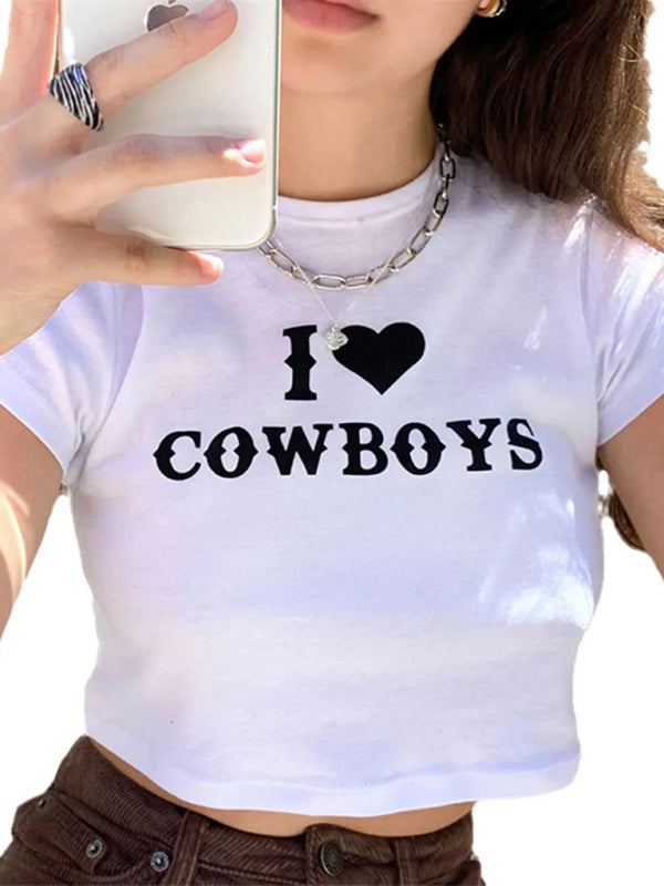 Neues, lässiges, vielseitiges I Love Cowboys-Kurzoberteil für Damen mit Buchstabendruck 