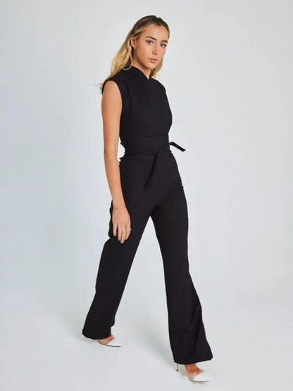 Black sleeveless wide-leg jumpsuit, side view