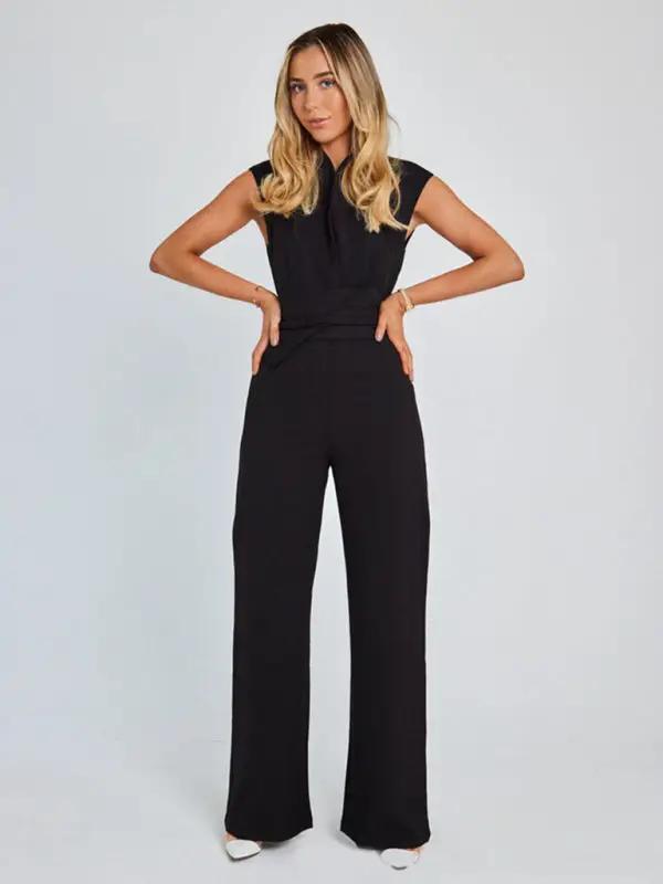 Black V-neck sleeveless jumpsuit with strapped waist