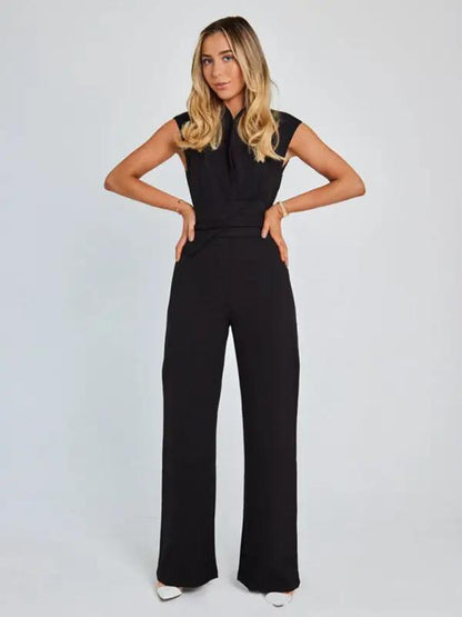 Black V-neck sleeveless jumpsuit with strapped waist