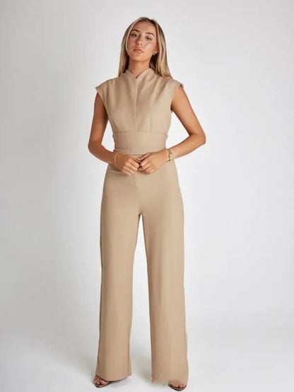 Beige V-neck sleeveless jumpsuit with strapped waist