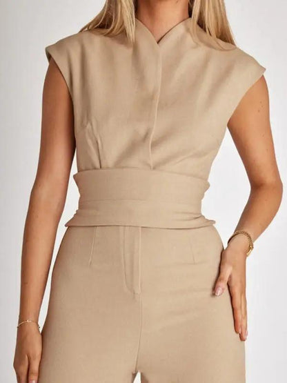 Beige sleeveless V-neck wide-leg jumpsuit, close-up
