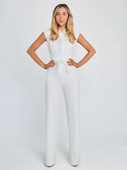 Front view of white strapped waist V-neck jumpsuit
