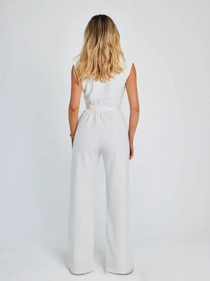 Back view of white sleeveless wide-leg jumpsuit