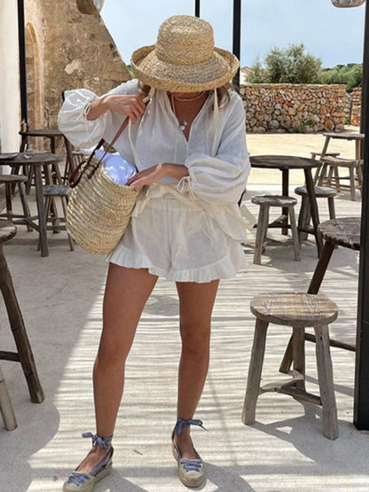 New long sleeve top high waist shorts suit