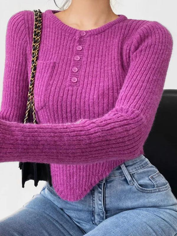 Purple round neck thickened curved hem sweater