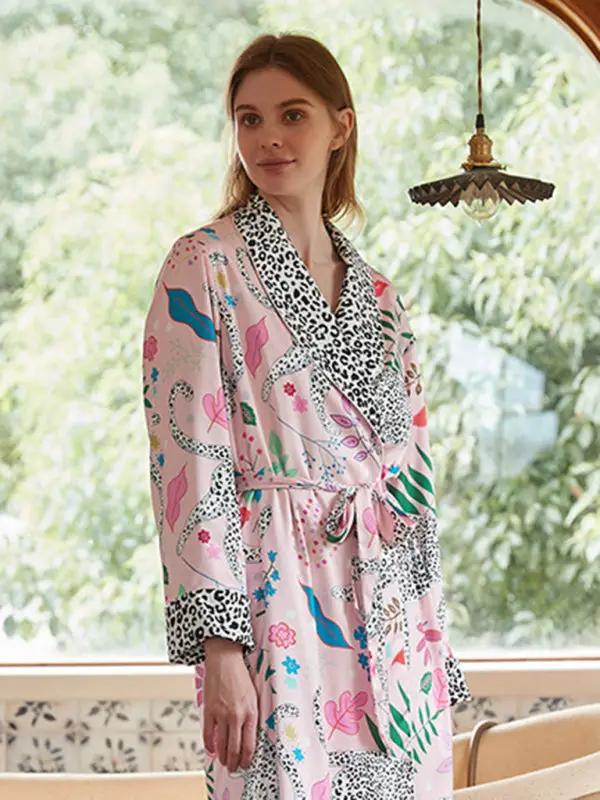 Woman wearing animal print lace-up bathrobe