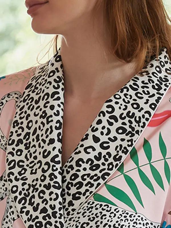 Close-up of animal print collar on bathrobe