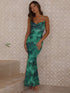 Elegant green printed backless suspender dress, square collar