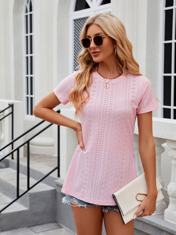 Damen-T-Shirt-Oberteil mit Rundhalsausschnitt, Schlitz und kurzen Ärmeln 
