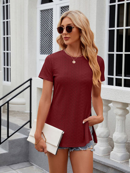 Damen-T-Shirt-Oberteil mit Rundhalsausschnitt, Schlitz und kurzen Ärmeln 