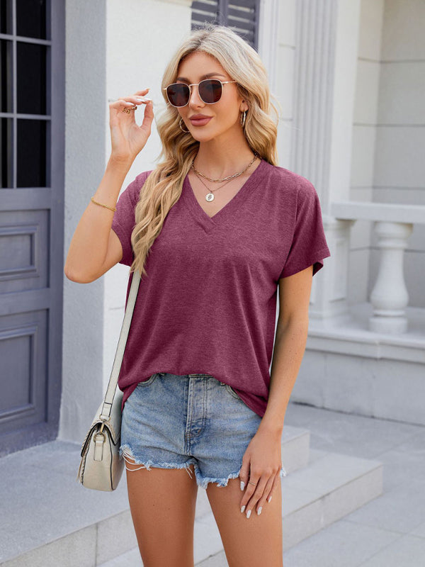 Einfarbiges, lässiges Kurzarm-T-Shirt-Oberteil für Damen mit V-Ausschnitt 
