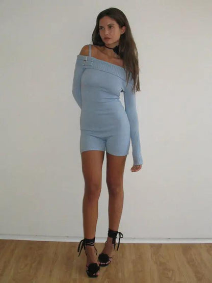 Full-body view of blue one-shoulder jumpsuit