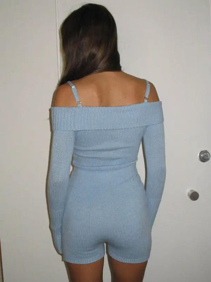 Back view of blue knitted jumpsuit