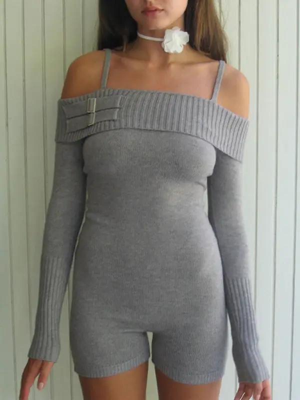 Front view of gray knitted jumpsuit with buckle