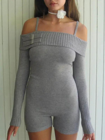 Front view of gray knitted jumpsuit with buckle