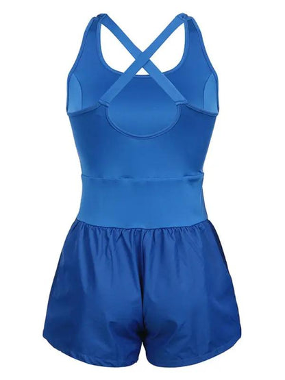 Blue hollow cross loose fitness tank top jumpsuit back display