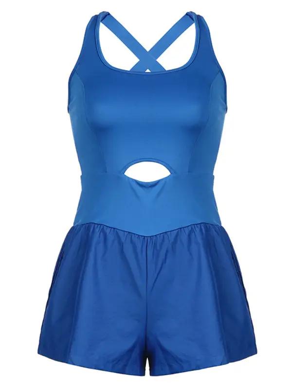 Blue hollow cross loose fitness tank top jumpsuit front display
