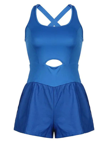Blue hollow cross loose fitness tank top jumpsuit front display