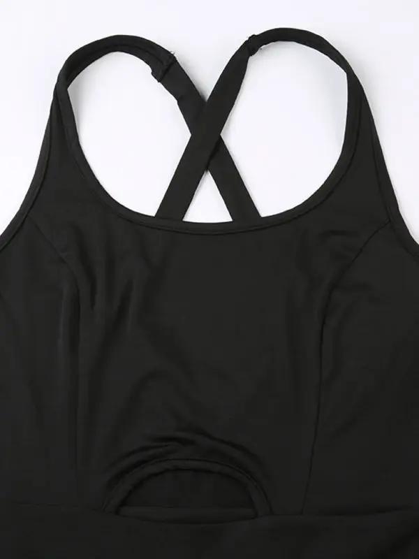 Black hollow cross fitness tank top jumpsuit back detail