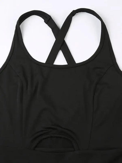 Black hollow cross fitness tank top jumpsuit back detail