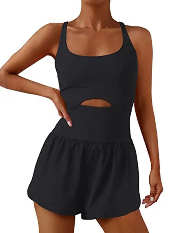 Black hollow cross loose fitness tank top jumpsuit front view