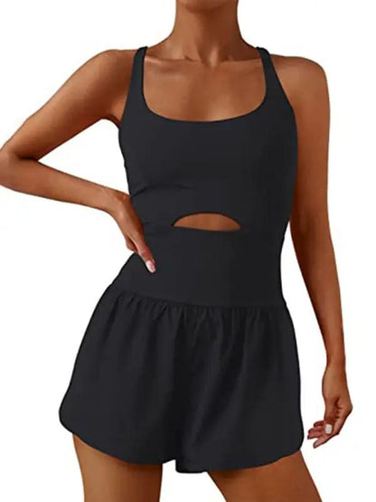 Black hollow cross loose fitness tank top jumpsuit front view