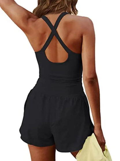 Black hollow cross loose fitness tank top jumpsuit back view