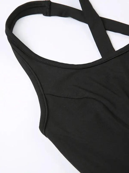 Black hollow cross fitness tank top jumpsuit close-up