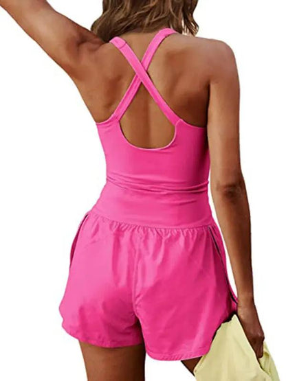 Pink hollow cross loose fitness tank top jumpsuit back view