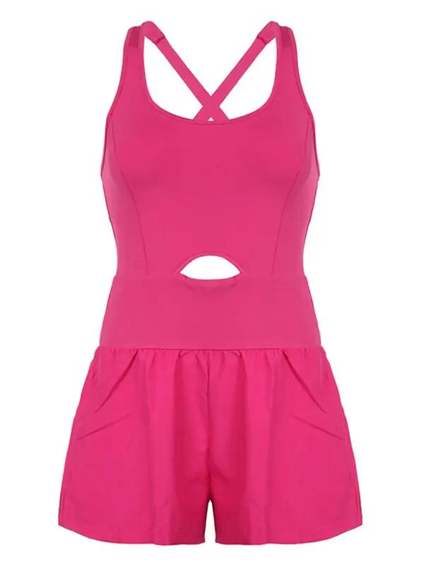 Pink hollow cross loose fitness tank top jumpsuit front display