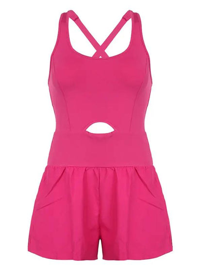 Pink hollow cross loose fitness tank top jumpsuit front display