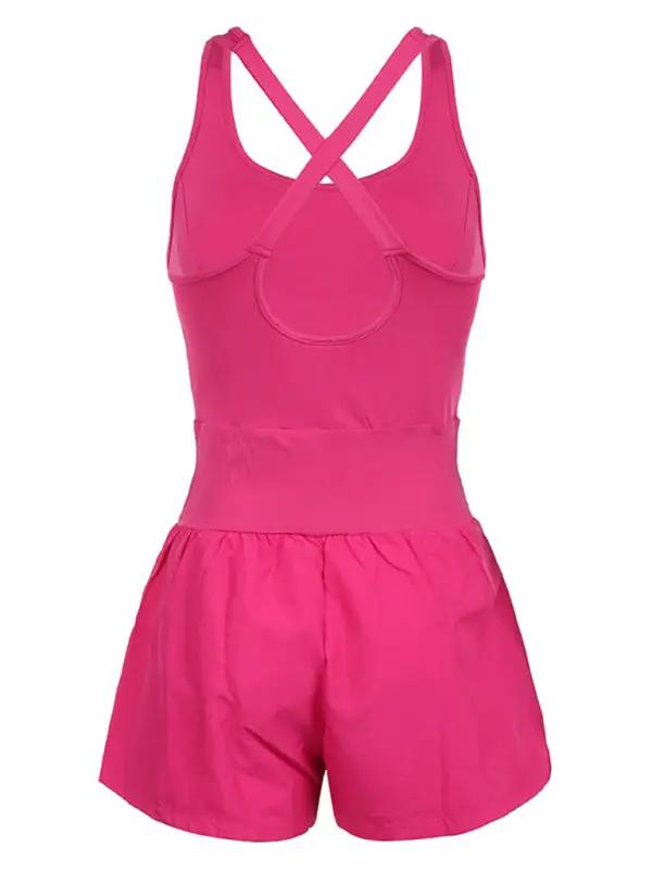 Pink hollow cross loose fitness tank top jumpsuit back display