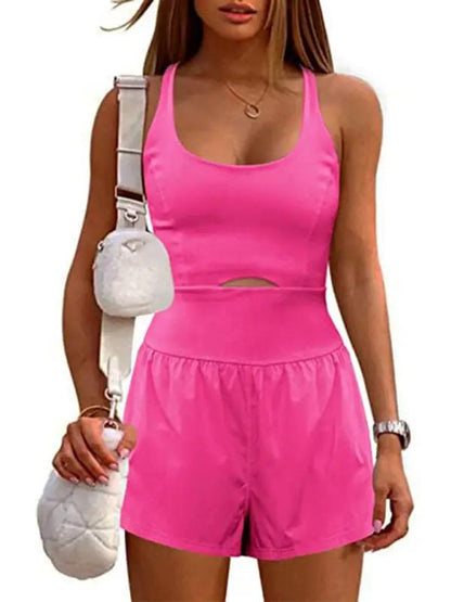 Pink hollow cross loose fitness tank top jumpsuit front view