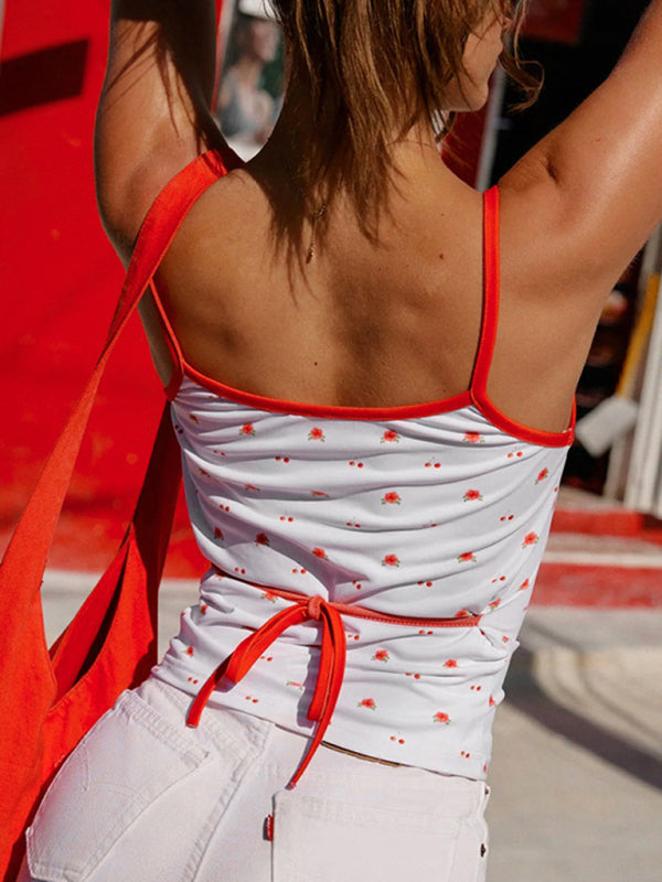 Haut court et gilet caraco imprimé fleurs de cerisier de couleur contrastée pour femmes 