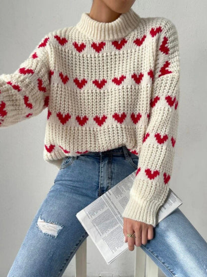 Damenmode neuer loser Jacquard-Pullover mit Liebesmotiv 
